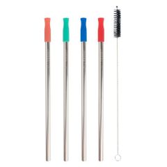 stainless steel set of 4 reusable metal straws w silicone tips & cleaning brush